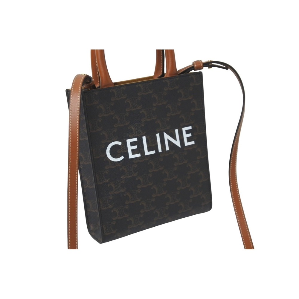 Celine Brown Shoulder Canvas Bag Triomphe Vertical Logo - Picture 4 of 8